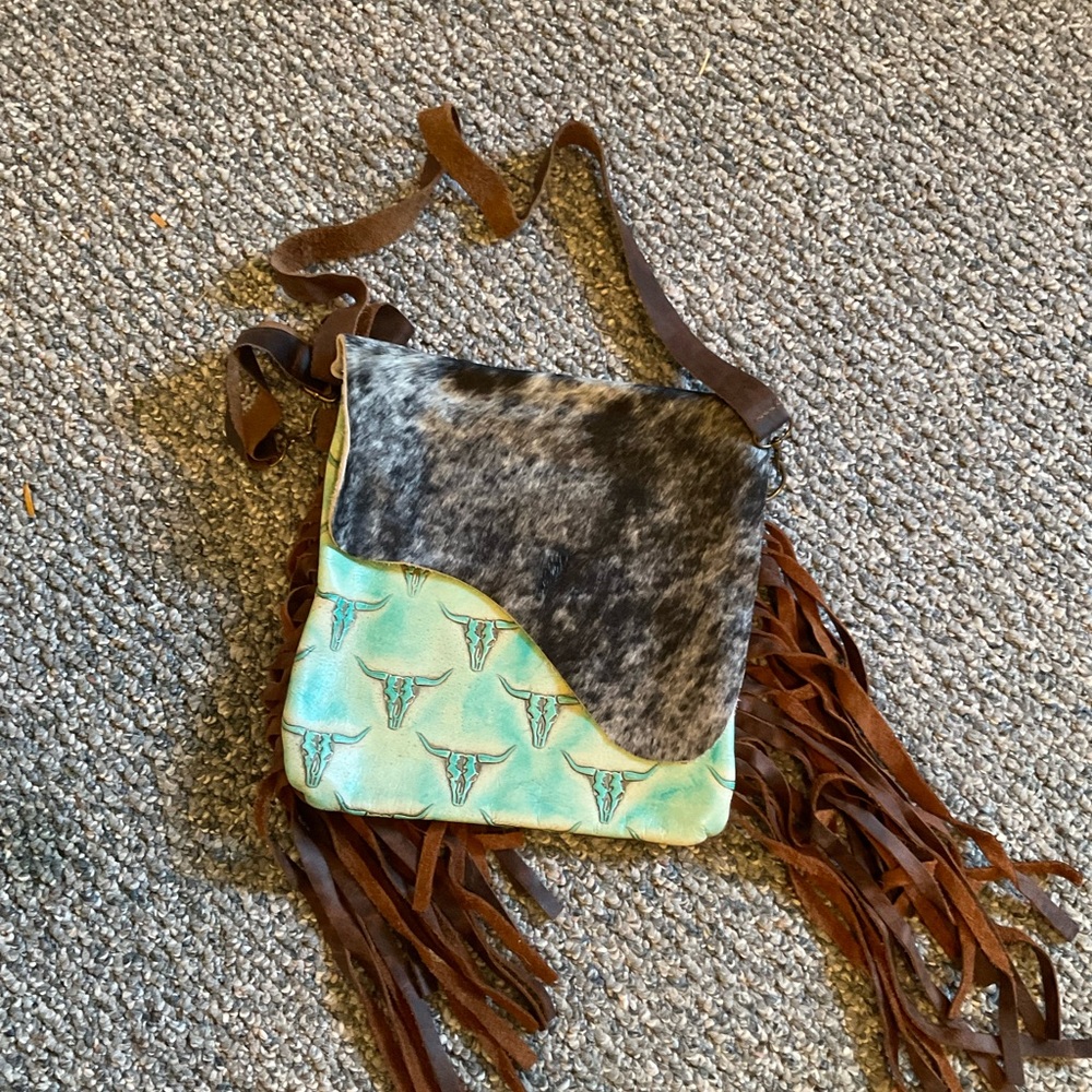 Cowhide and Turquoise Fringe Crossbody Bag